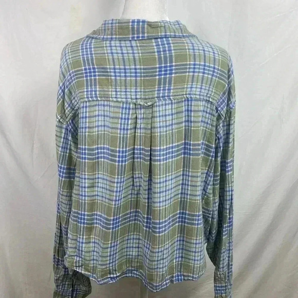 American Eagle Khaki, Blue & Cream Long Sleeve Boxy, Cropped Medium Top Shirt. - Picture 4 of 11